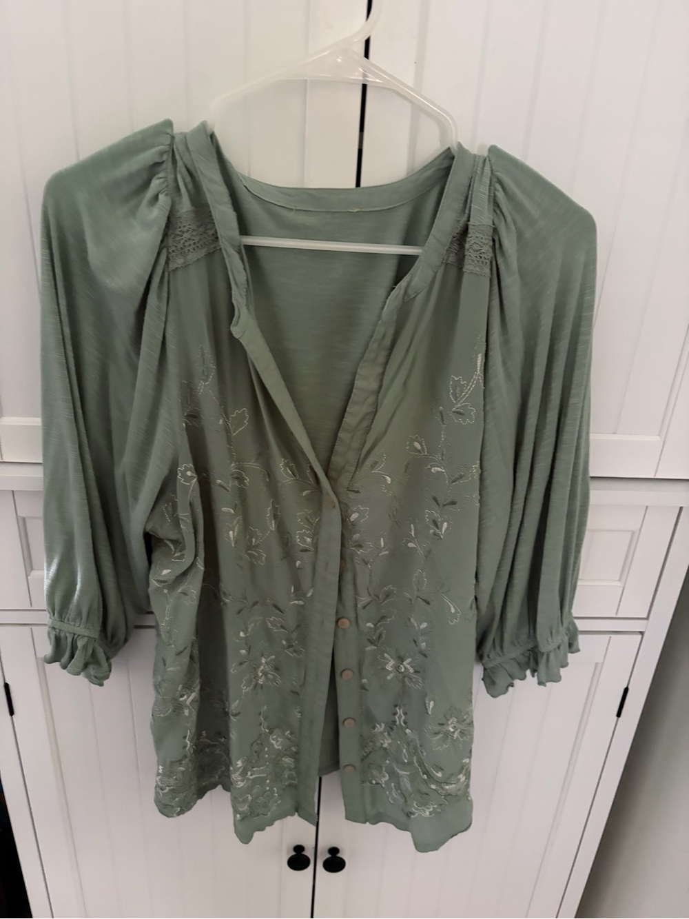 Sage Green Embroidered Button-Front Peasant Blouse